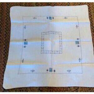 Cutwork & Cross Stitch Tablecloth 31x34 Cream Embroidery Floral & People Motif